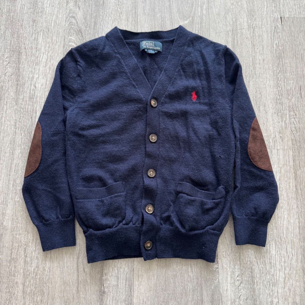 Vintage Polo Ralph Lauren Kids Navy Blue Cardigan Sweater Elbow Patches Size 7